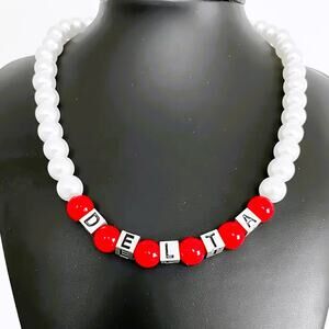 Delta Sigma Theta Necklace Red and White Pearls with Silver Delta Blocks